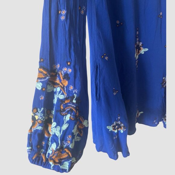 Free People Oxford Embroidered Mini Swing Dress Size Medium Cobalt Blue Pockets - Picture 3 of 8